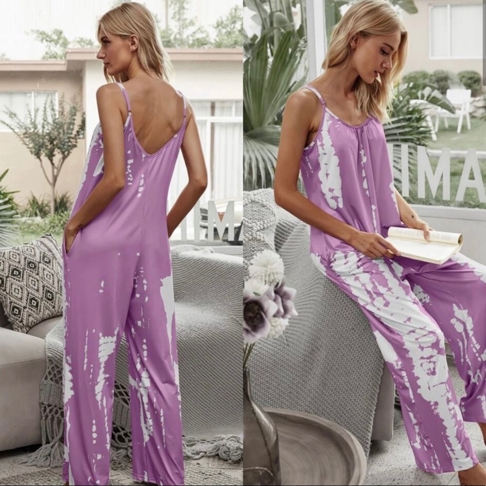 New! Lavender Tie Dye Jumpsuit w/ Side Pockets Oversized  Comfy - Picture 2 of 5